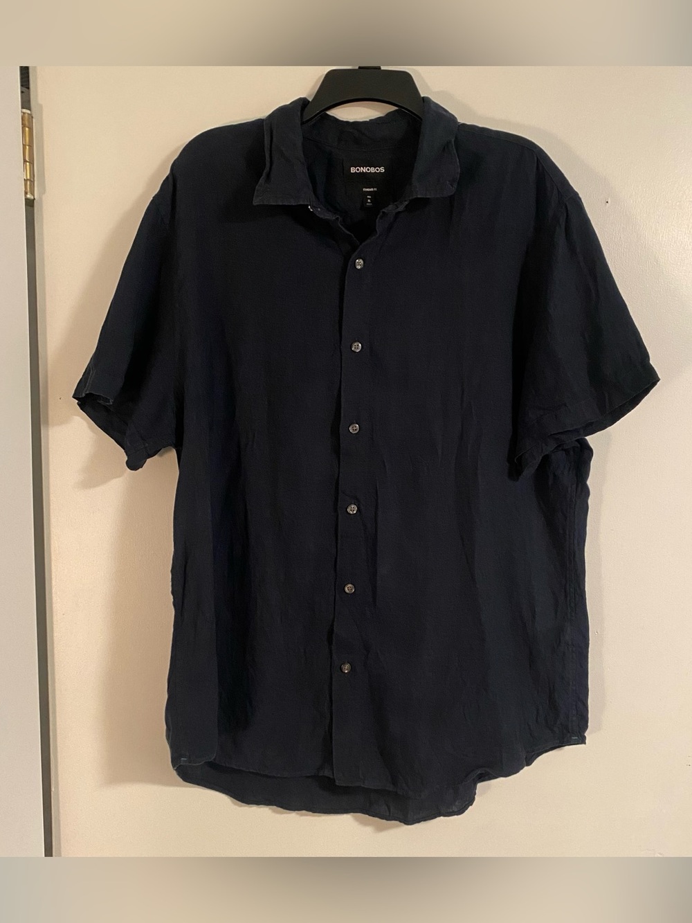 WORN ONCE Bonobos 100% Linen Navy Blue Short Sleeve Button Down Shirt Men's XL